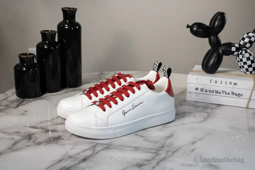 Baskets Gianni Versace Signature en cuir Vitello blanc et rouge Versace