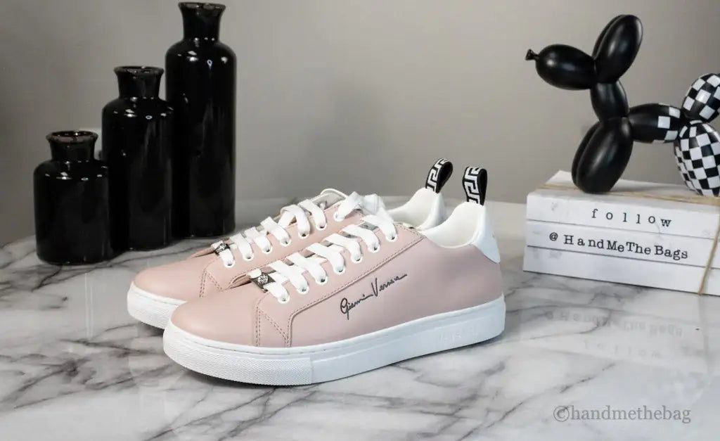 Versace Powder Blush Vitello Leather Signature Lace Sneakers