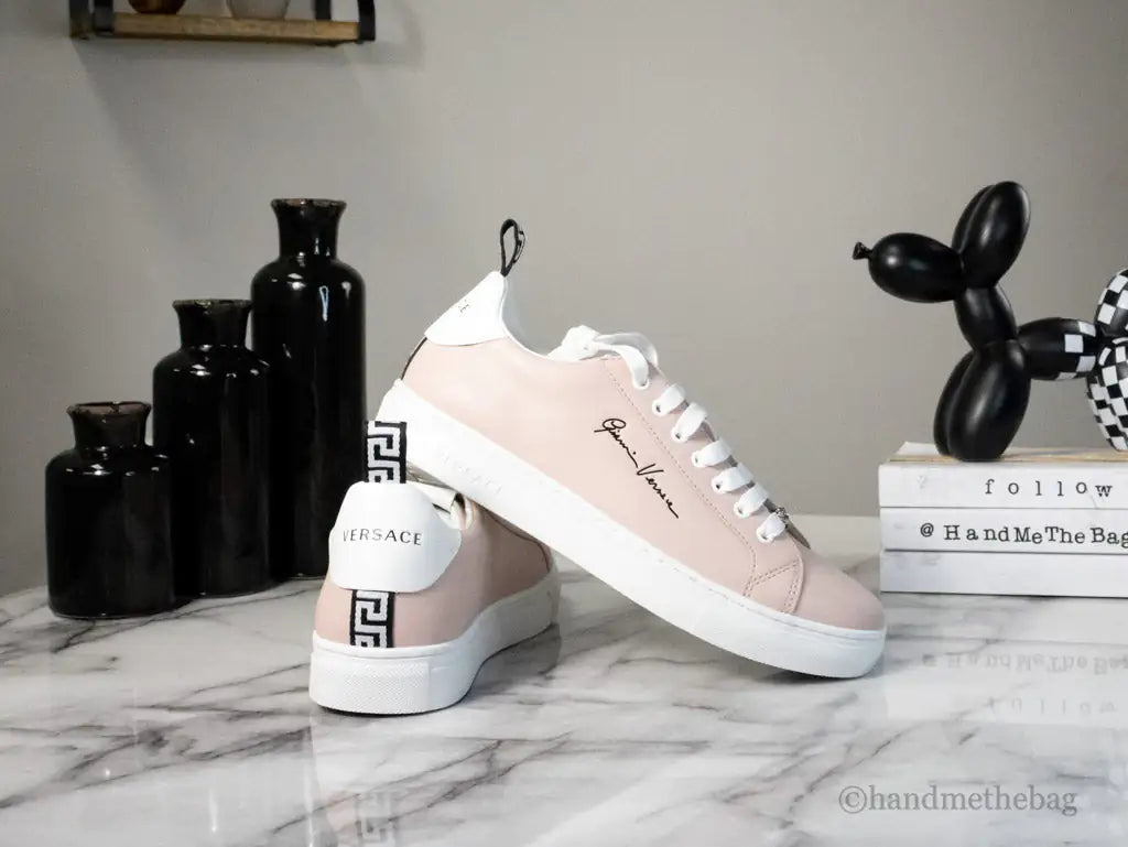 Versace Powder Blush Vitello Leather Signature Lace Sneakers