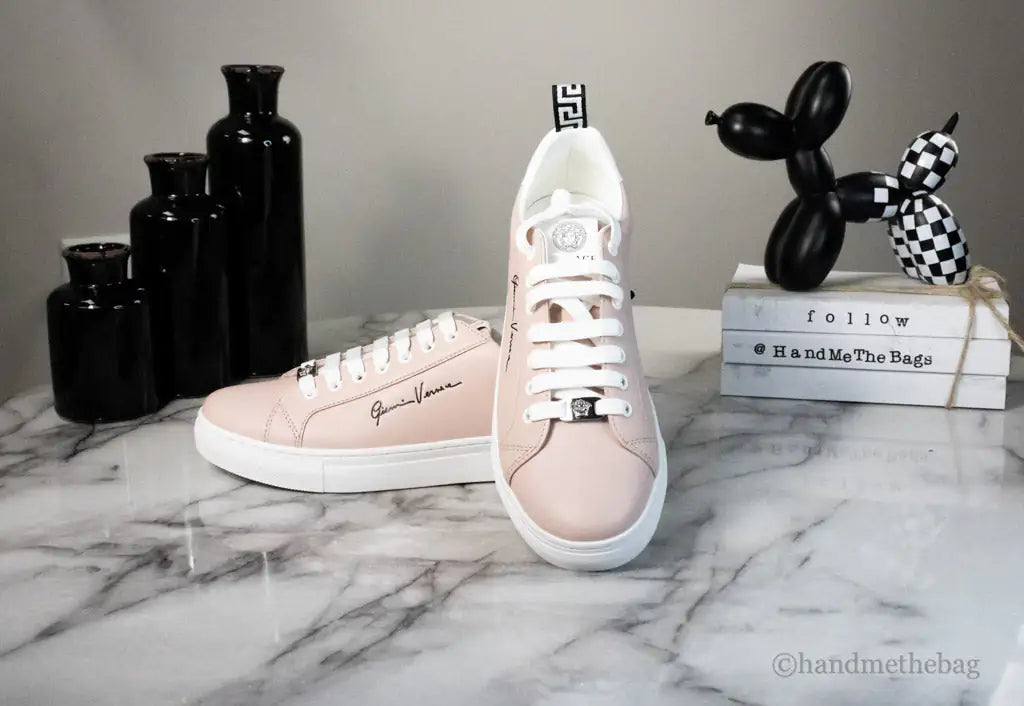 Versace Powder Blush Vitello Leather Signature Lace Sneakers