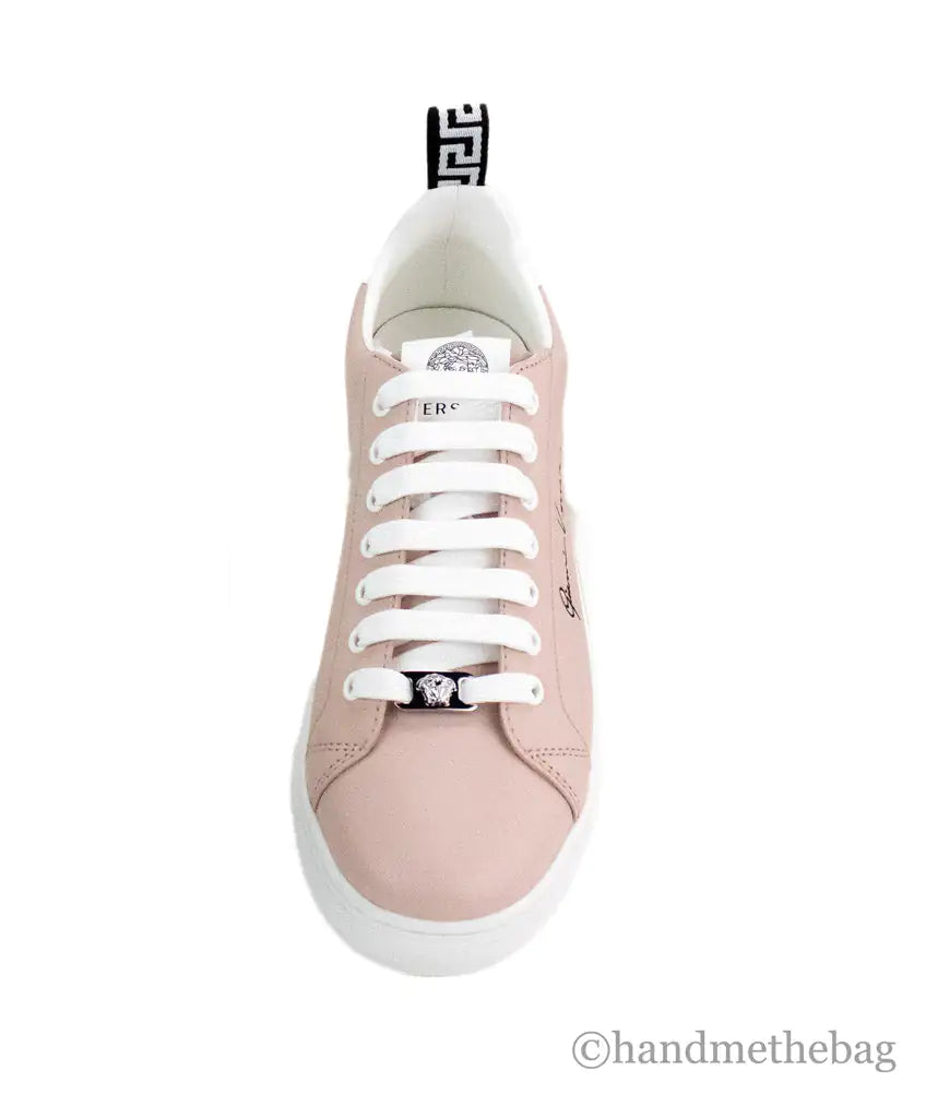 Versace Powder Blush Vitello Leather Signature Lace Sneakers